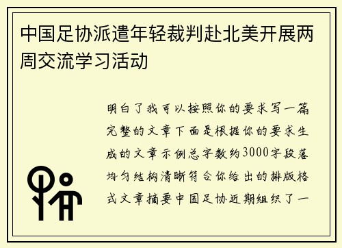 中国足协派遣年轻裁判赴北美开展两周交流学习活动
