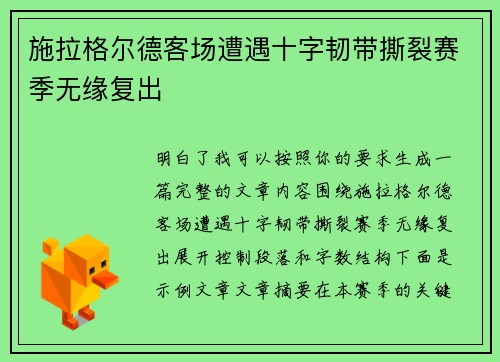 施拉格尔德客场遭遇十字韧带撕裂赛季无缘复出